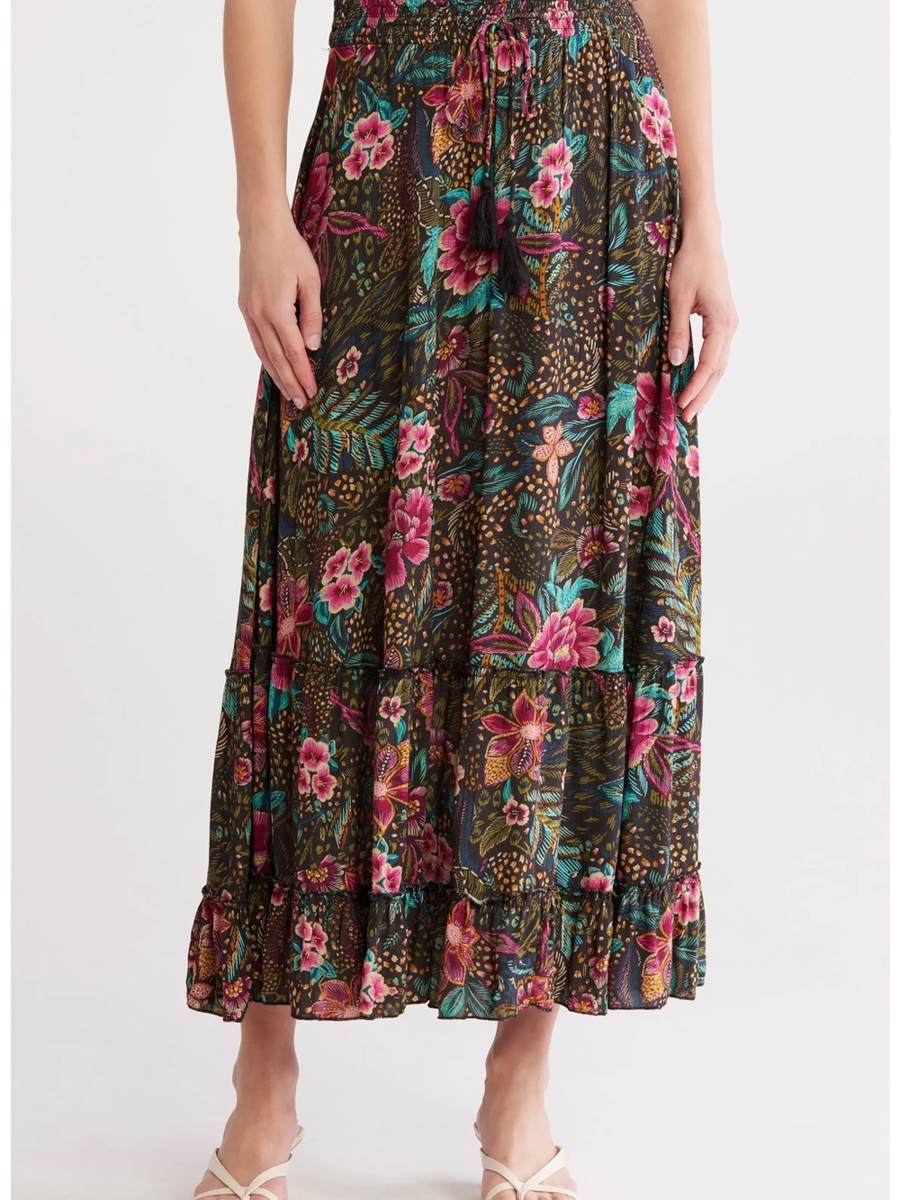 T tahari Floral Tiered Maxi Skirt - Pink & Teal Floral-size XL-new!
